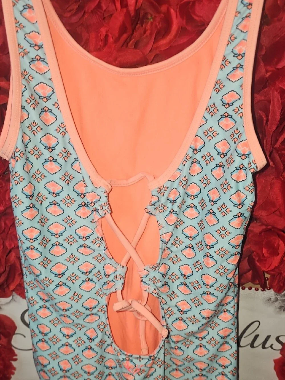 Justice Girls Coral and Light Blue Medallion One-Piece Bodysuit Size 14